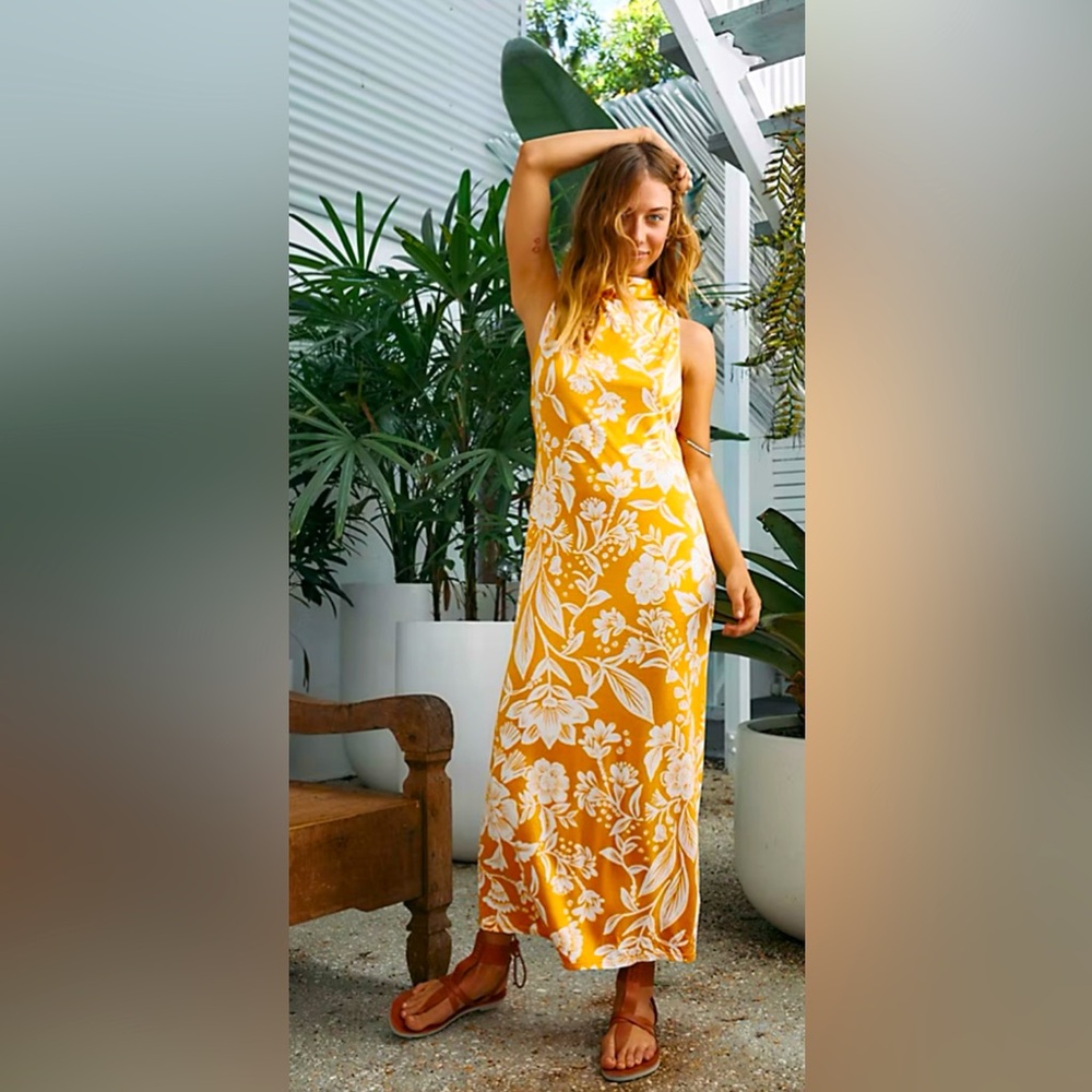 Free People Time to Shine Mock Neck Maxi Dress Open Back Sun Yellow Floral ZB6